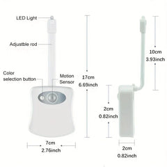 Motion Activated Night Light - Diagram of white toilet light labeling parts and dimensions, showing front and side views.