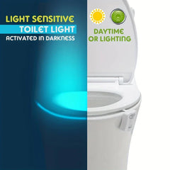 Motion Activated Night Light - Split comparison showing a toilet light unlit in daytime and glowing blue in darkness