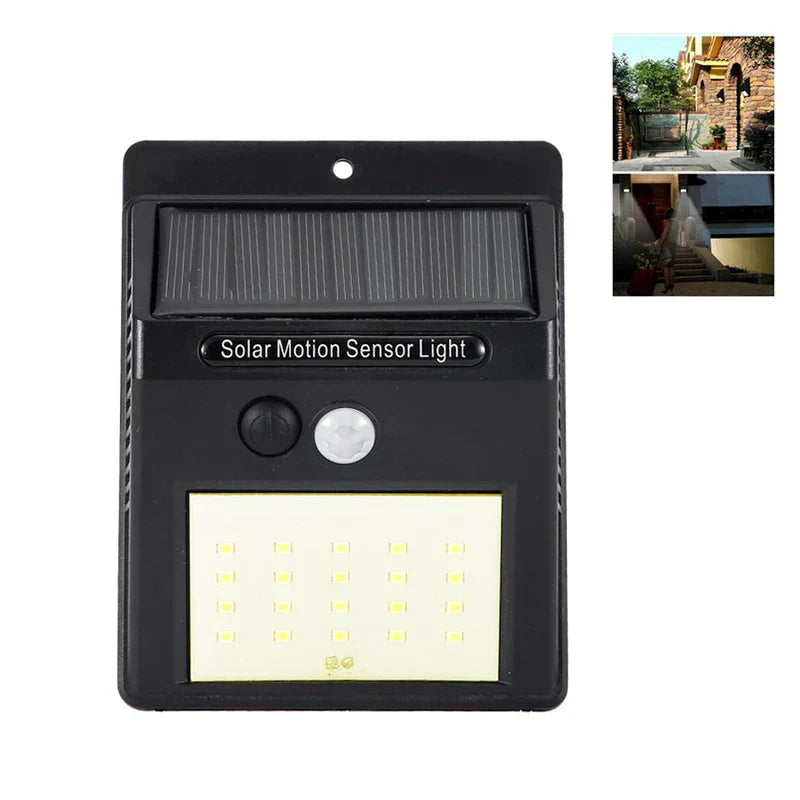 Black solar motion sensor light on white background with two inset images showing outdoor wall and doorway use cases