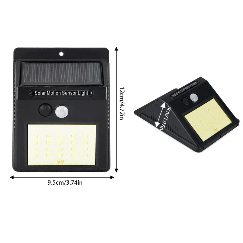 Front and side view of a black motion sensor light with labeled dimensions and 20 LED diodes
