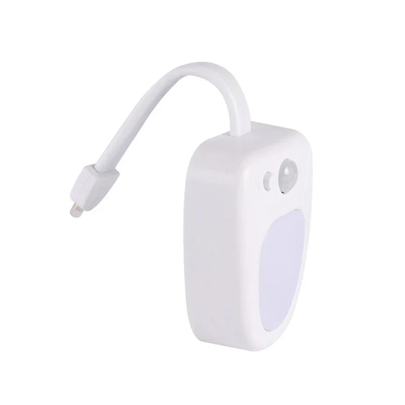 Motion Sensor Night Light - White plug-in toilet light unit with flexible gooseneck plug arm, motion sensor, and light panel, shown against a plain white background
