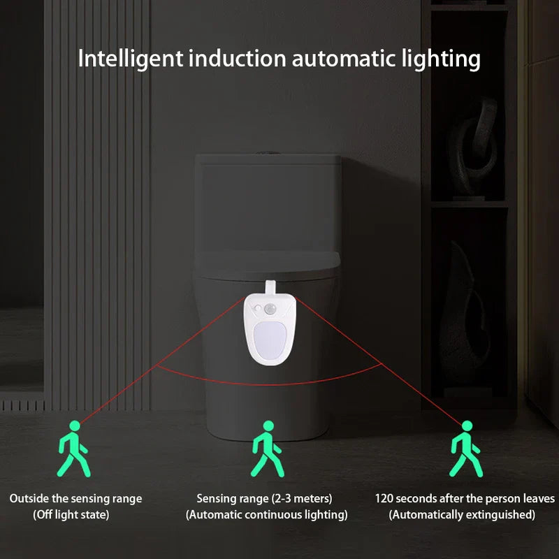 Motion sensor toilet bowl night light glowing softly in a bathroom at night