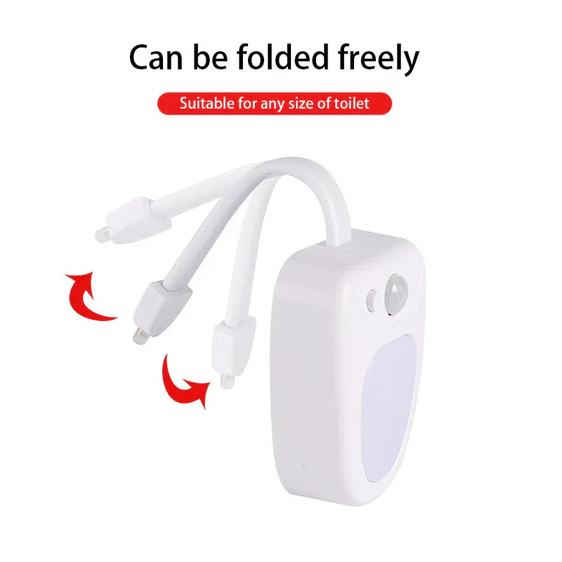 Luz nocturna con sensor de movimiento: la misma luz blanca para inodoro que demuestra su brazo colgante flexible y plegable, con texto que indica que se dobla libremente para adaptarse a cualquier inodoro.