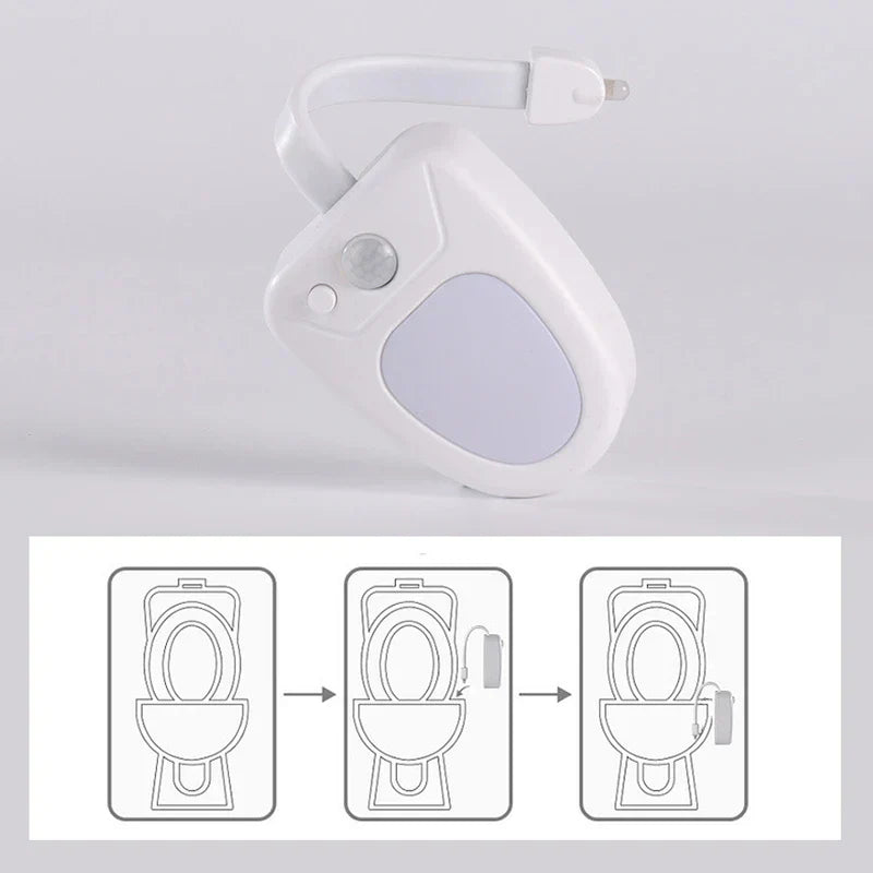 Luz nocturna con sensor de movimiento: luz blanca para inodoro colocada sobre tres diagramas paso a paso que ilustran cómo colgar el dispositivo en un inodoro.