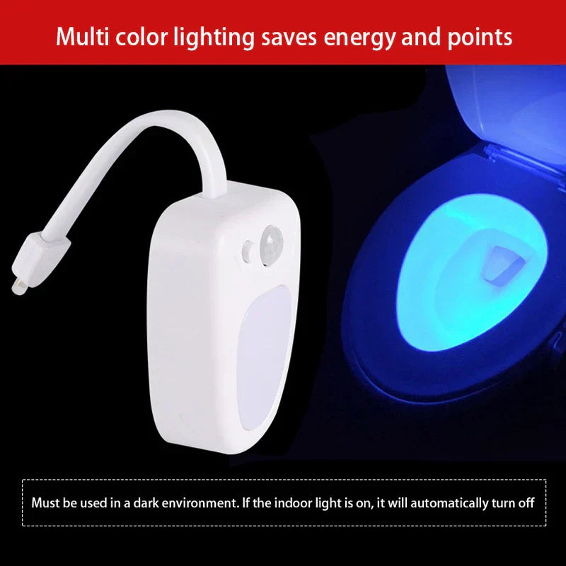 Motion Sensor Night Light - White motion-activated toilet light showing blue lit toilet bowl, with overlaid descriptive text