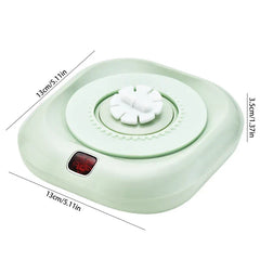 posavasos individual - Base calefactora cuadrada de esquinas redondeadas en verde menta claro con indicador de encendido, medidas 13 cm por 13 cm por 3,5 cm, con componente superior giratorio blanco