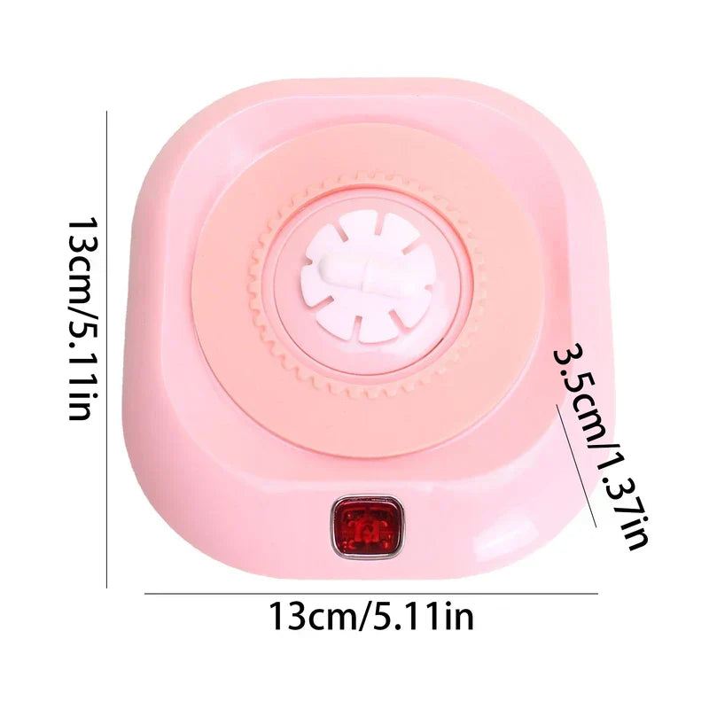 posavasos individual - Base agitadora magnética rosa vista desde arriba, con etiquetas de dimensiones e interruptor de encendido rojo visibles