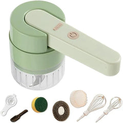Vegetable Slicer - Light green handheld electric kitchen tool set with included accessory attachments laid out below the main unit