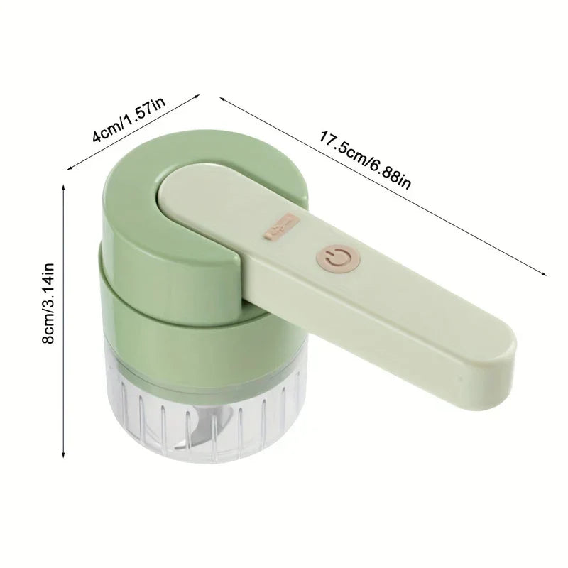 Vegetable Slicer - Rechargeable handheld kitchen tool with extended handle, shown with dimension markings in metric and imperial units.