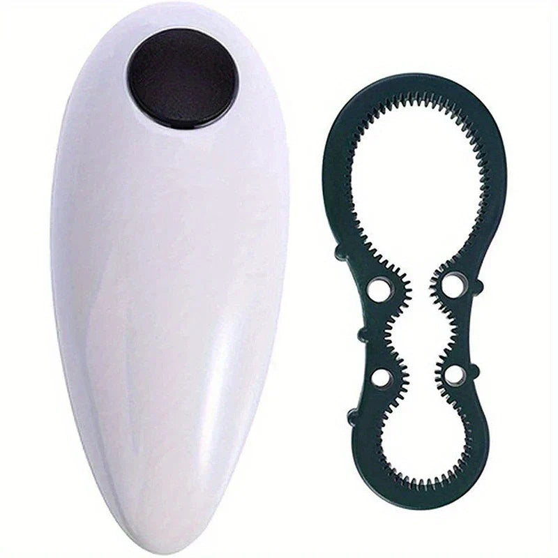 Can And Bottle Opener - White ergonomic opener unit and dark green multi-grip opening insert laid side by side on a plain white background