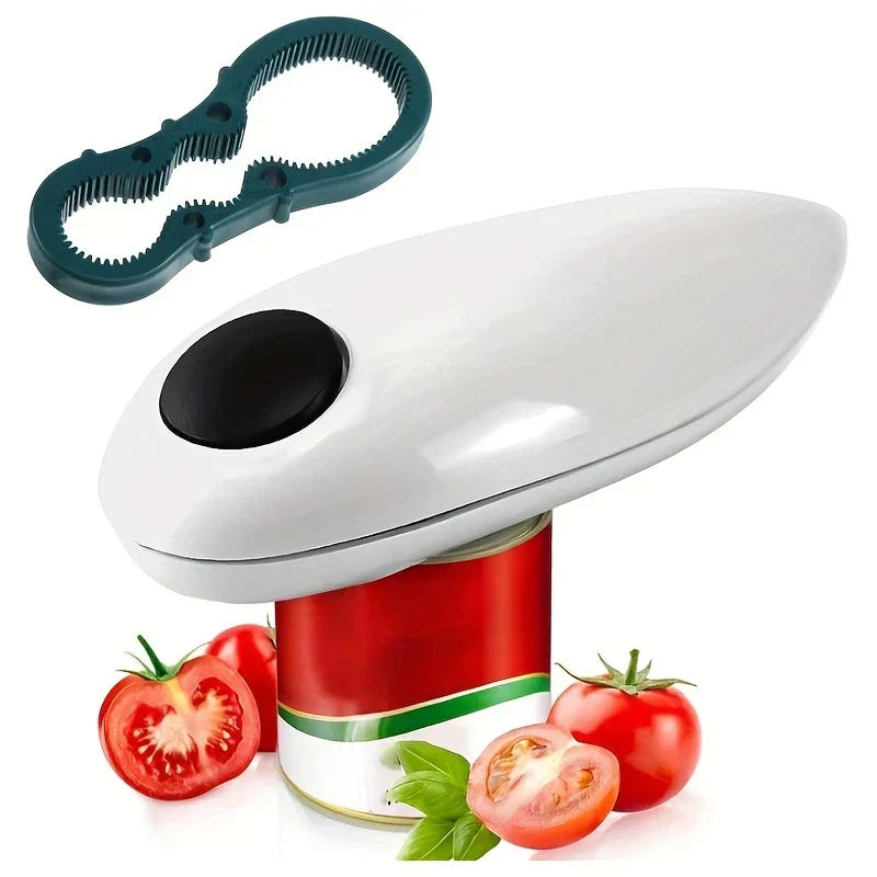 Can And Bottle Opener - White hands-free can opener placed on a tomato can, alongside a green multi-size jar gripper, with whole and cut fresh tomatoes around the can.