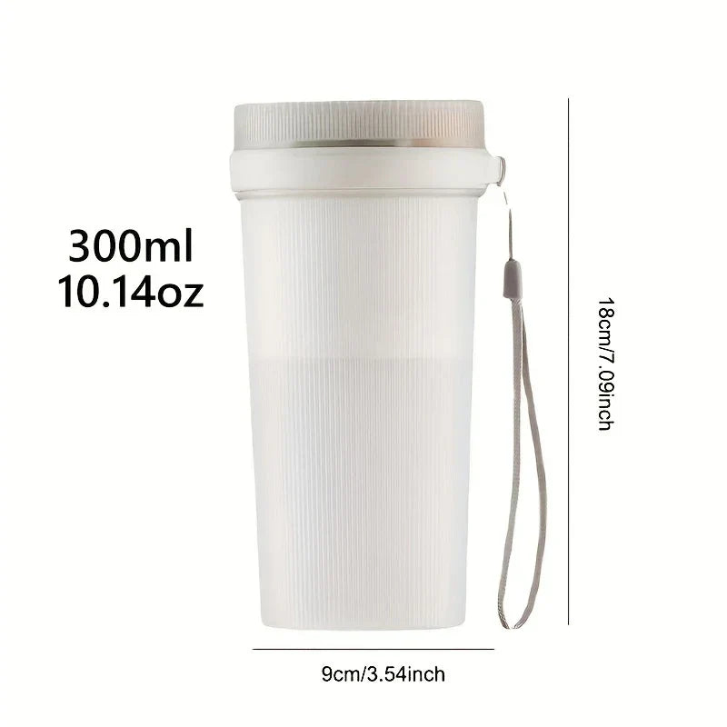 White portable juicer blender with hanging strap, size labels, and 300ml capacity marking on white background