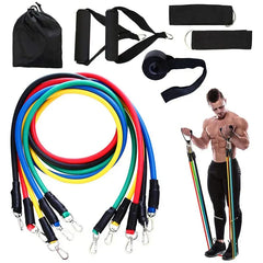 Resistance Band Set - Full kit components laid out including carry pouch, handles, ankle straps, door anchor, and stacked exercise tubes, with a person demonstrating a bicep curl