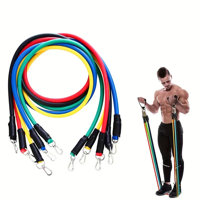 Resistance Band Set - Color-coded stacked exercise tubes with metal clip ends, shown next to a person performing a bicep curl