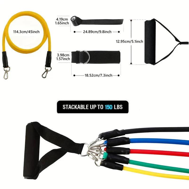 Resistance Band Set - Resistance tube set components with dimension labels, showing single yellow tube, straps, handle, and stacked multi-color tubes attached to a handle