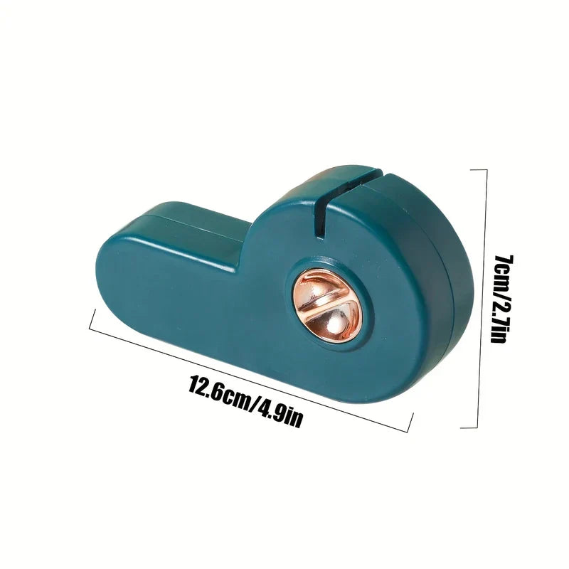 Manual Knife Sharpener - Dark teal small household tool with rose gold accent, shown against a white background with dimension labels