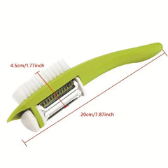 Serrated Vegetable Peeler - Peeler with red dimension lines marking total length and head width against a plain white background