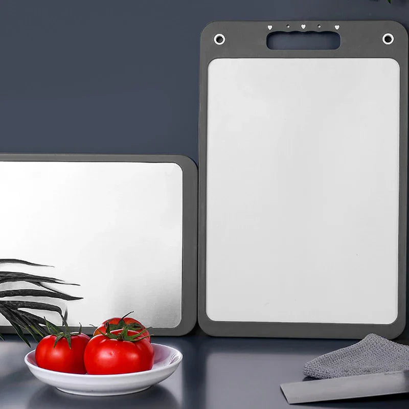 Close-up of the stainless steel cutting board defrost tray surface