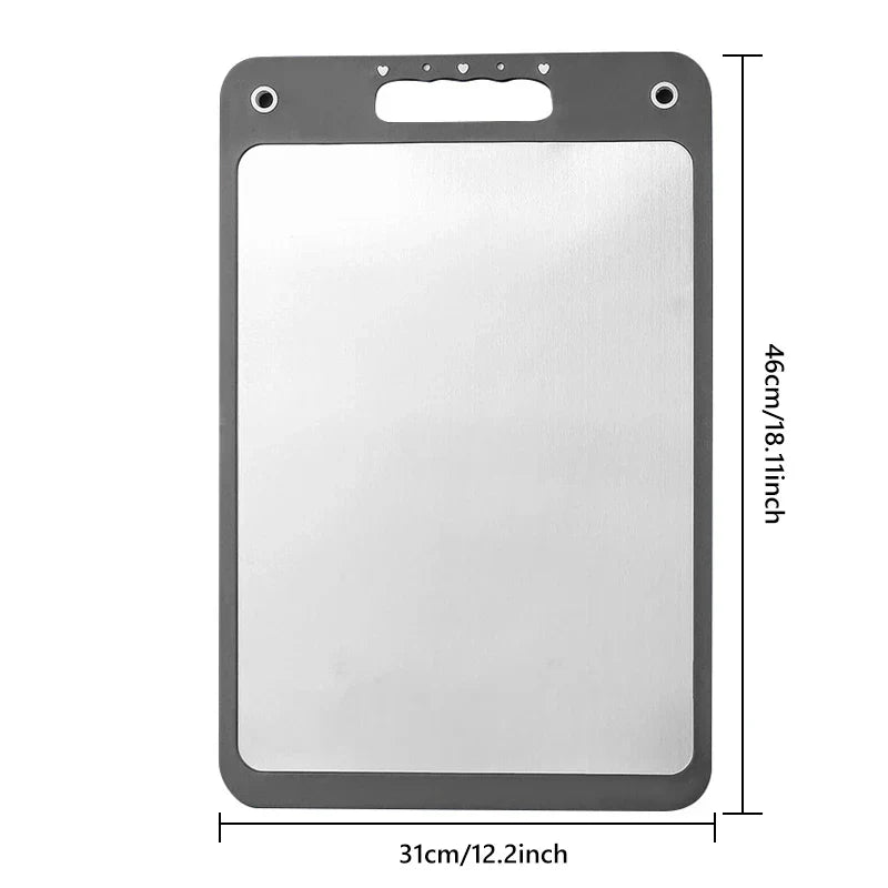 Stainless Steel Cutting Board - Rectangular cutting board with dark gray border, top handle, size dimensions marked alongside it