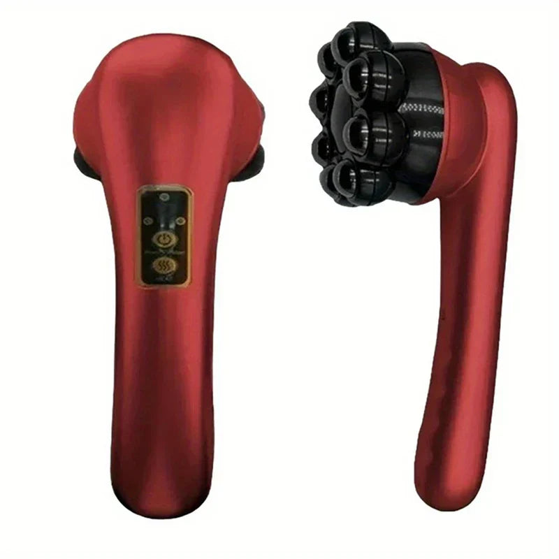 Handheld Percussion Massager - Red massager unit showing control panel and multi-node massage head side by side