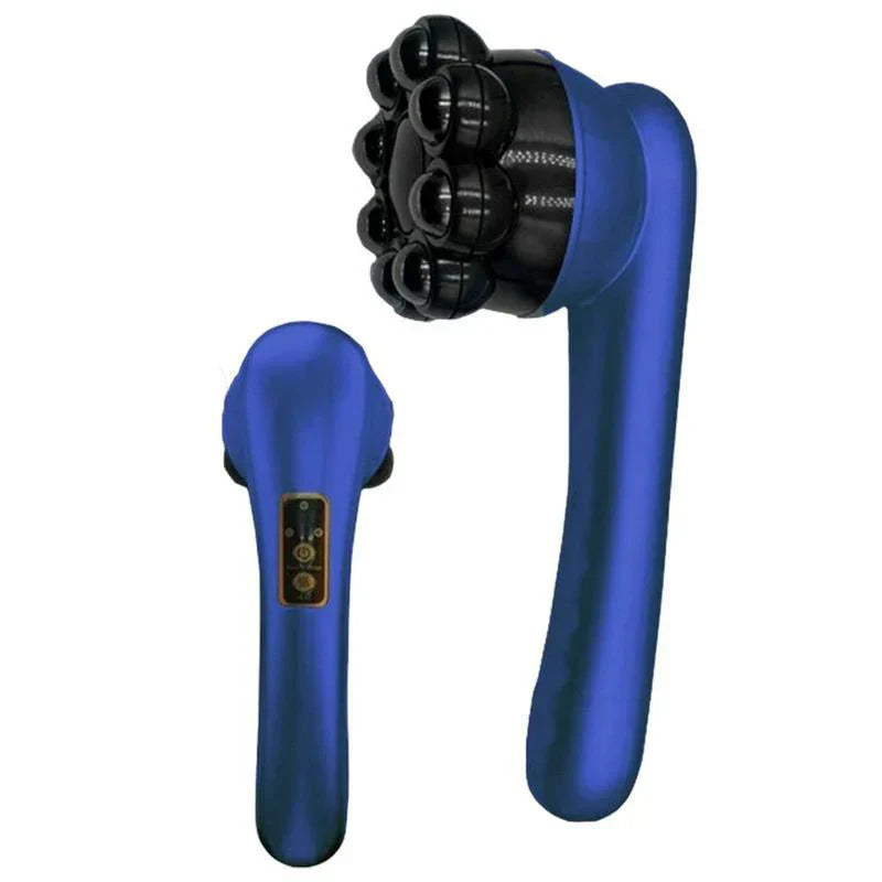 Handheld Percussion Massager - Blue massager unit showing control panel and multi-node massage head side by side