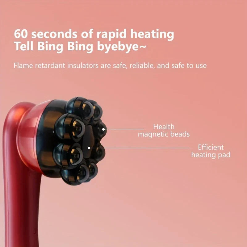 Handheld Percussion Massager - Close-up of a massager head with callouts labeling health magnetic beads and an efficient heating pad, on a pink background.