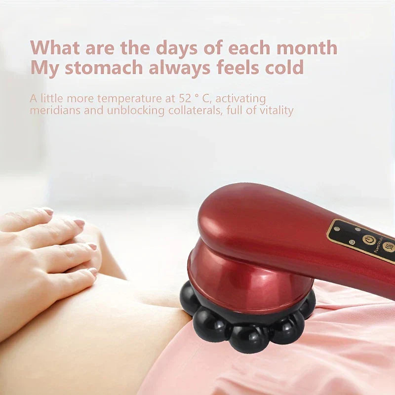 Handheld Percussion Massager - Red handheld body massager placed near a person’s abdomen and hand, with overlaid product text