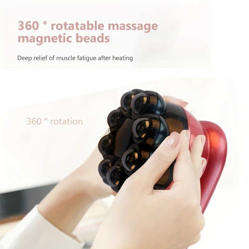Mains tenant un massageur rouge pour montrer sa tête rotative à 360° avec perles magnétiques noires, avec texte superposé