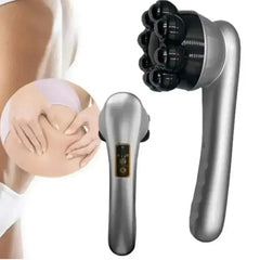 Handheld Percussion Massager - Two silver handheld massagers shown, with an inset circular image of hands resting on a person’s belly
