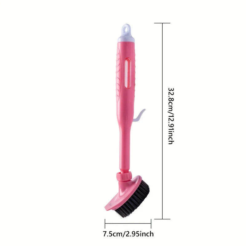Kitchen Cleaning Brush - Pink long-handled dish brush with dimension labels showing length and brush head width against a white background