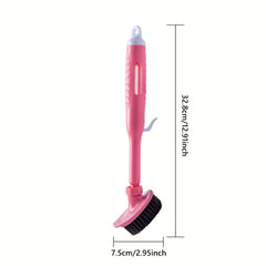 Kitchen Cleaning Brush - Pink long-handled dish brush with dimension labels showing length and brush head width against a white background