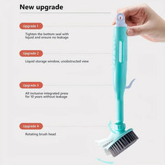 Kitchen Cleaning Brush - Hand holding a teal liquid-dispensing dish brush, with text listing four product upgrades and a rotating brush head arrow
