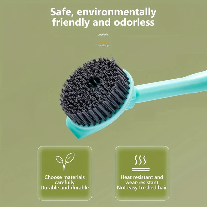 Kitchen Cleaning Brush - Close-up of light blue handled dish brush head against olive green background, with two feature text callouts below