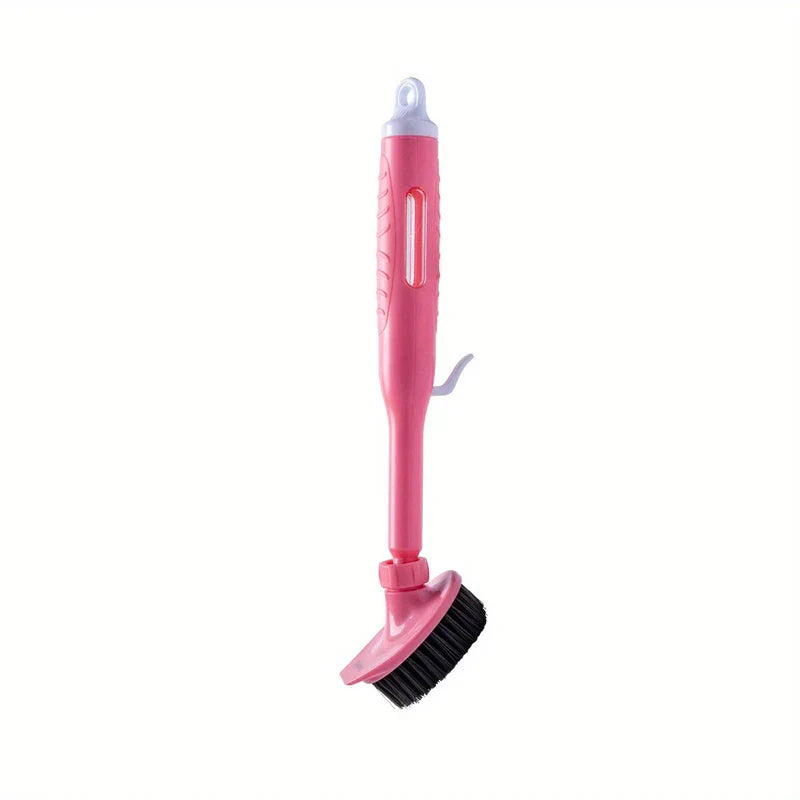 Kitchen Cleaning Brush - Long-handled pink dish brush with black bristles, white top cap, side lever and clear window in handle, on plain white background