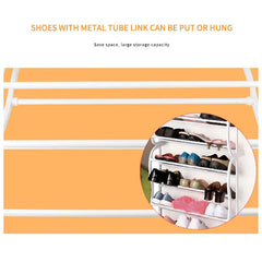 Shoe Rack - Close-up of metal rack tiers with inset showing high-heeled and flat shoes stored on shelves