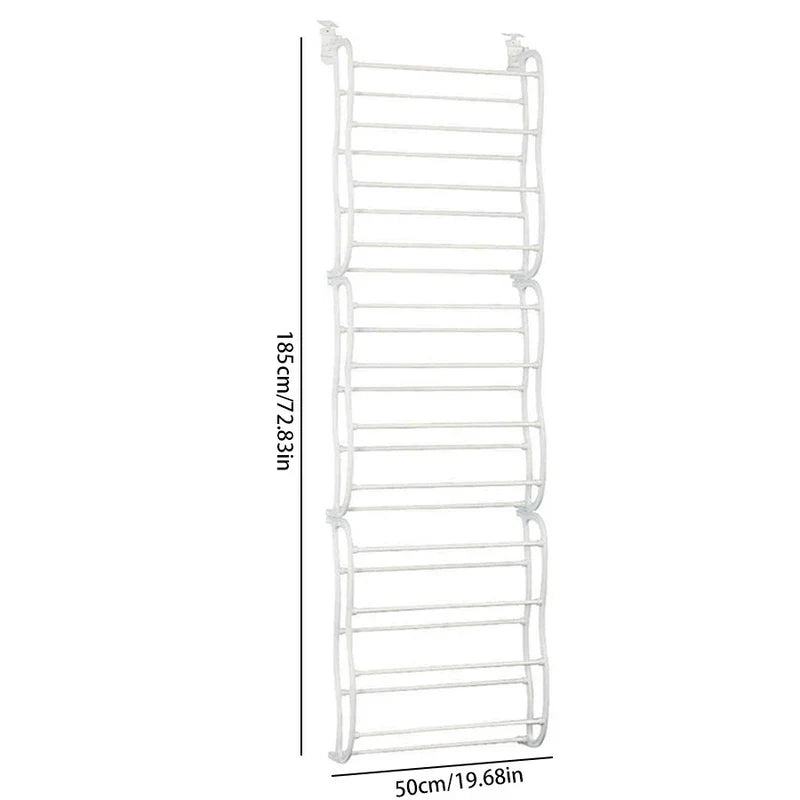 White over-the-door hanging shoe rack with measurement dimensions: 185cm tall, 50cm wide