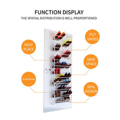 Assembled over-the-door shoe rack holding pairs of shoes, with labeled feature callouts