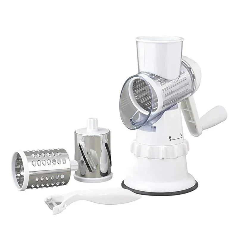 Mandoline Slicer - Assembled unit with interchangeable metal cutting drums and included vegetable peeler, displayed against a plain white background
