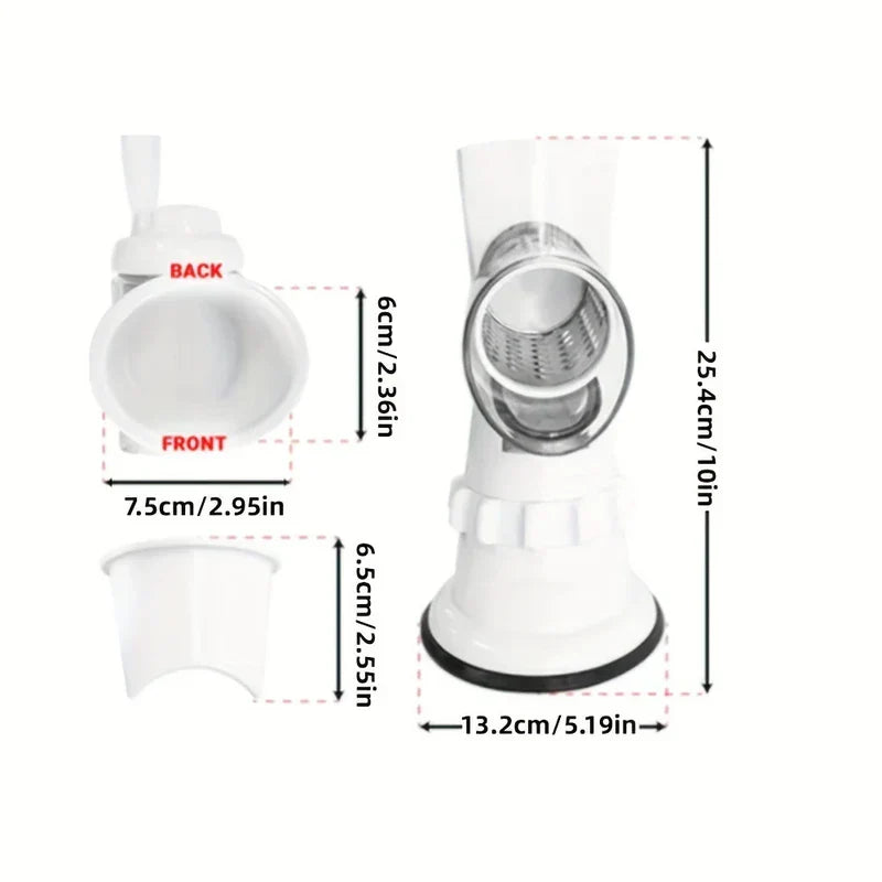 Mandoline Slicer - Diagram showing dimension measurements of a white manual kitchen tool and its detachable parts