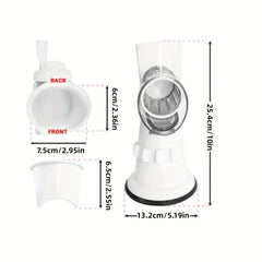 Mandoline Slicer - Diagram showing dimension measurements of a white manual kitchen tool and its detachable parts