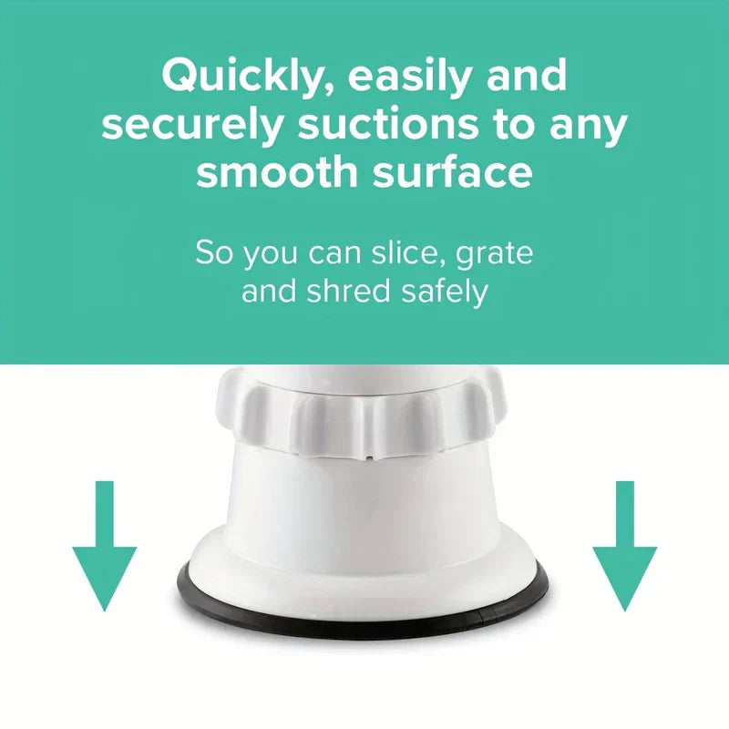 Mandoline Slicer - Close-up of a kitchen tool's suction base, text describes suction to smooth surfaces for safe use