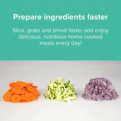 Mandoline Slicer - Prepared sliced carrots, shredded zucchini, and grated purple onion arranged against white background with text about faster ingredient prep