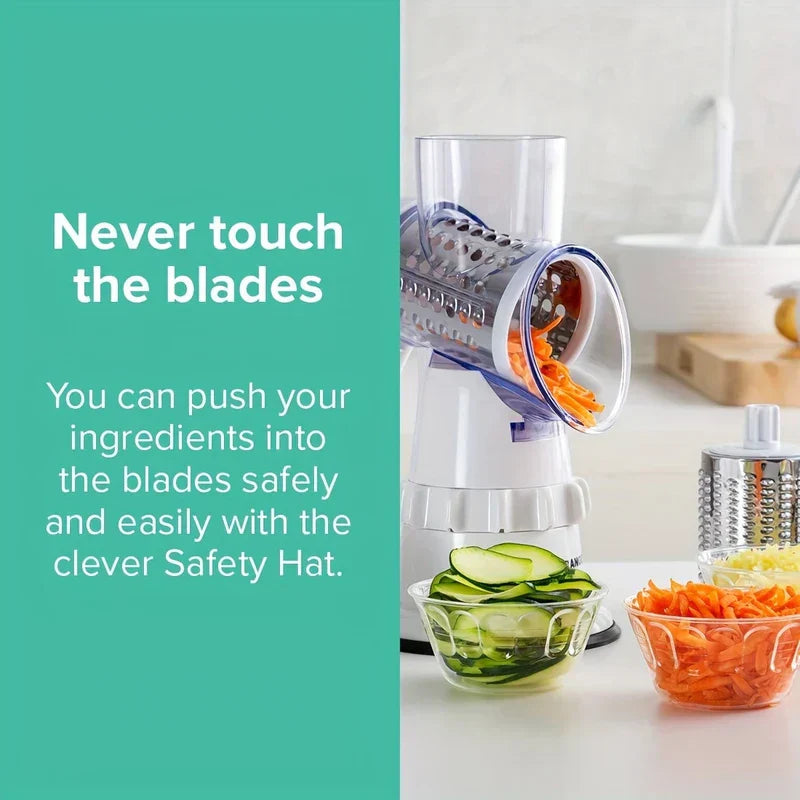 Mandoline Slicer - Unit in use dispensing shredded carrot into a bowl, with text noting the safety food pusher prevents direct blade contact