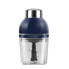 Smoothie Maker - Front view of compact electric blender with navy motor housing, clear blending jar, and internal stainless steel blade assembly