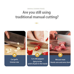 Smoothie Maker - Graphic showing three downsides of traditional manual food cutting: uneven garlic, spicy hands from chili, tired arms from mincing meat.