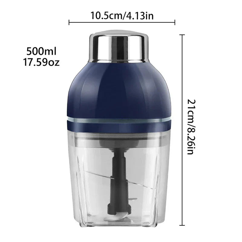 Smoothie Maker - Clear view of a food chopper showing its dimensions and 500ml capacity labeling