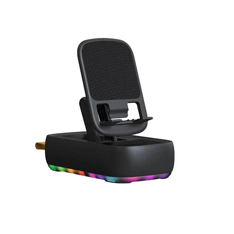 Car Phone Stand Holder - Black adjustable stand mount with textured backrest, base storage tray, and rainbow RGB light strip along the bottom edge