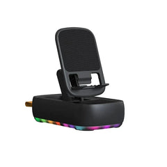 Car Phone Stand Holder - Black adjustable stand mount with textured backrest, base storage tray, and rainbow RGB light strip along the bottom edge