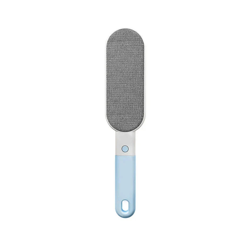 A multifunctional cleaning brush with a light blue handle and oval mesh cleaning head stands upright against a plain white background.
