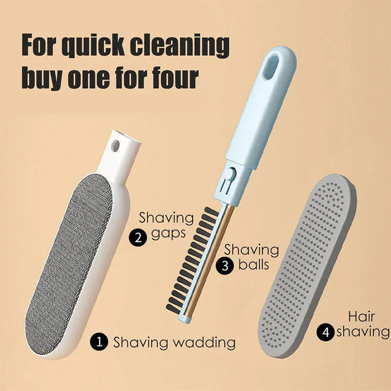 Four separate cleaning tool components are laid out against a beige background, showcasing different functional parts.